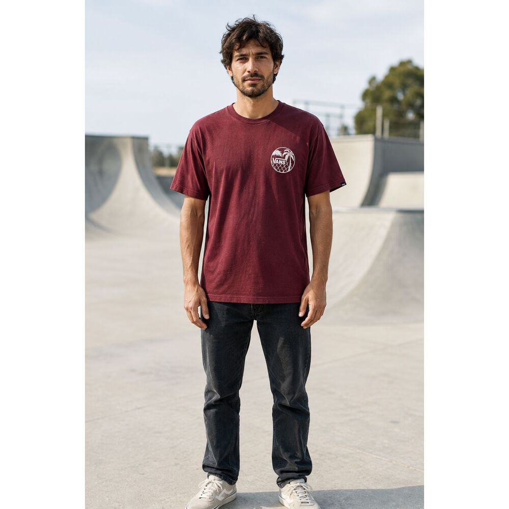 Vans Burgundy Off The Wall Short Sleeve Cotton Palm Tree T-Shirt Tee Size Large